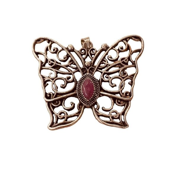 Silvertone Butterfly Pendant Brooch Purple Jewel 1.5" Filigree Style - Picture 2 of 14